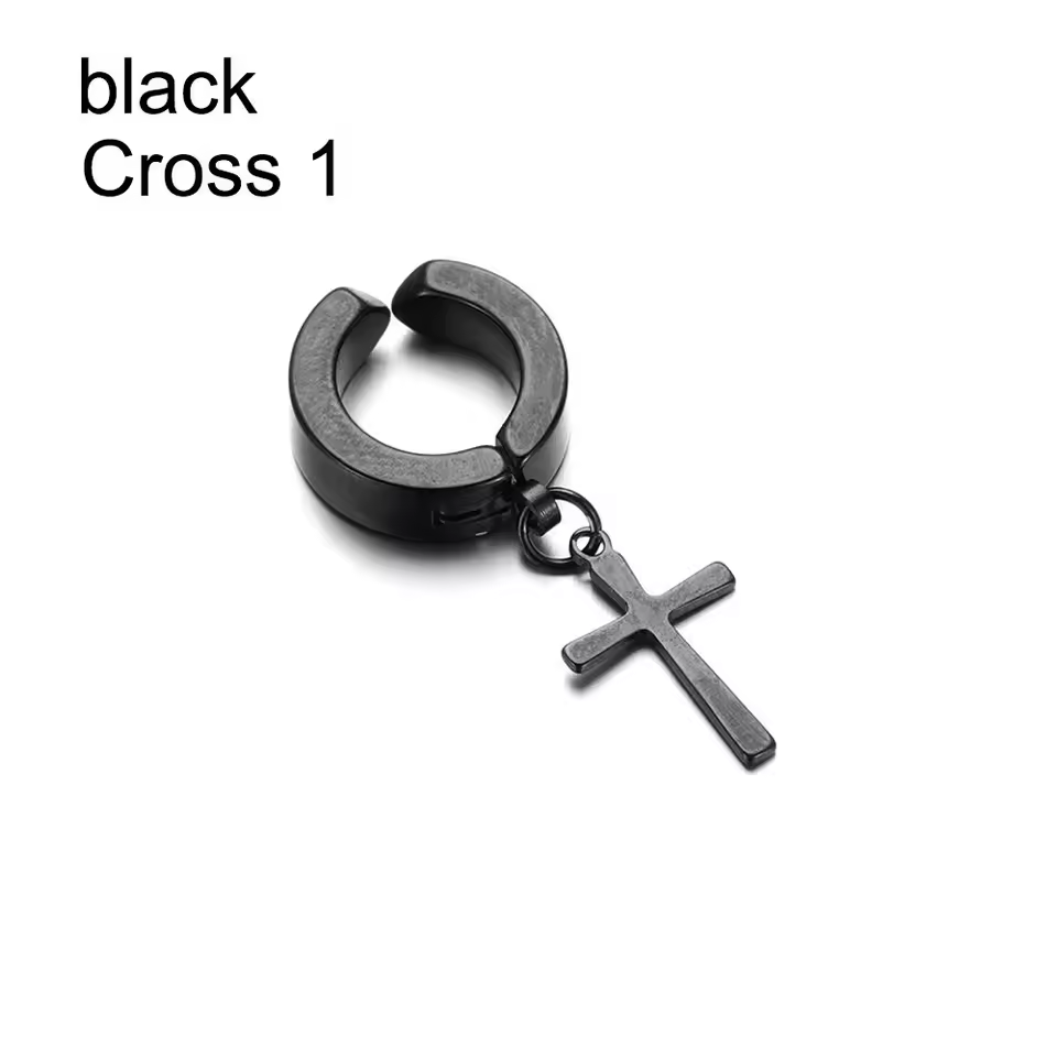 Men's Hip-Hop Clip-On Cross Earrings  Black& Stainless Steel