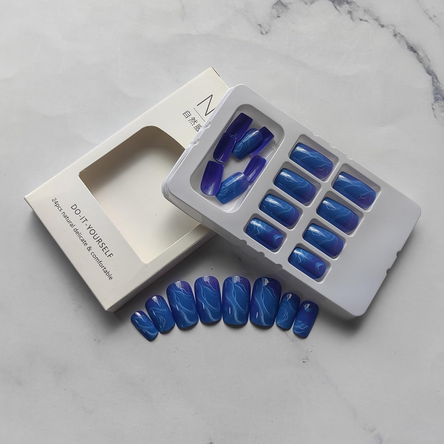 "Ocean Aura – DIY Blue Marble Nail Tips (24 pcs)