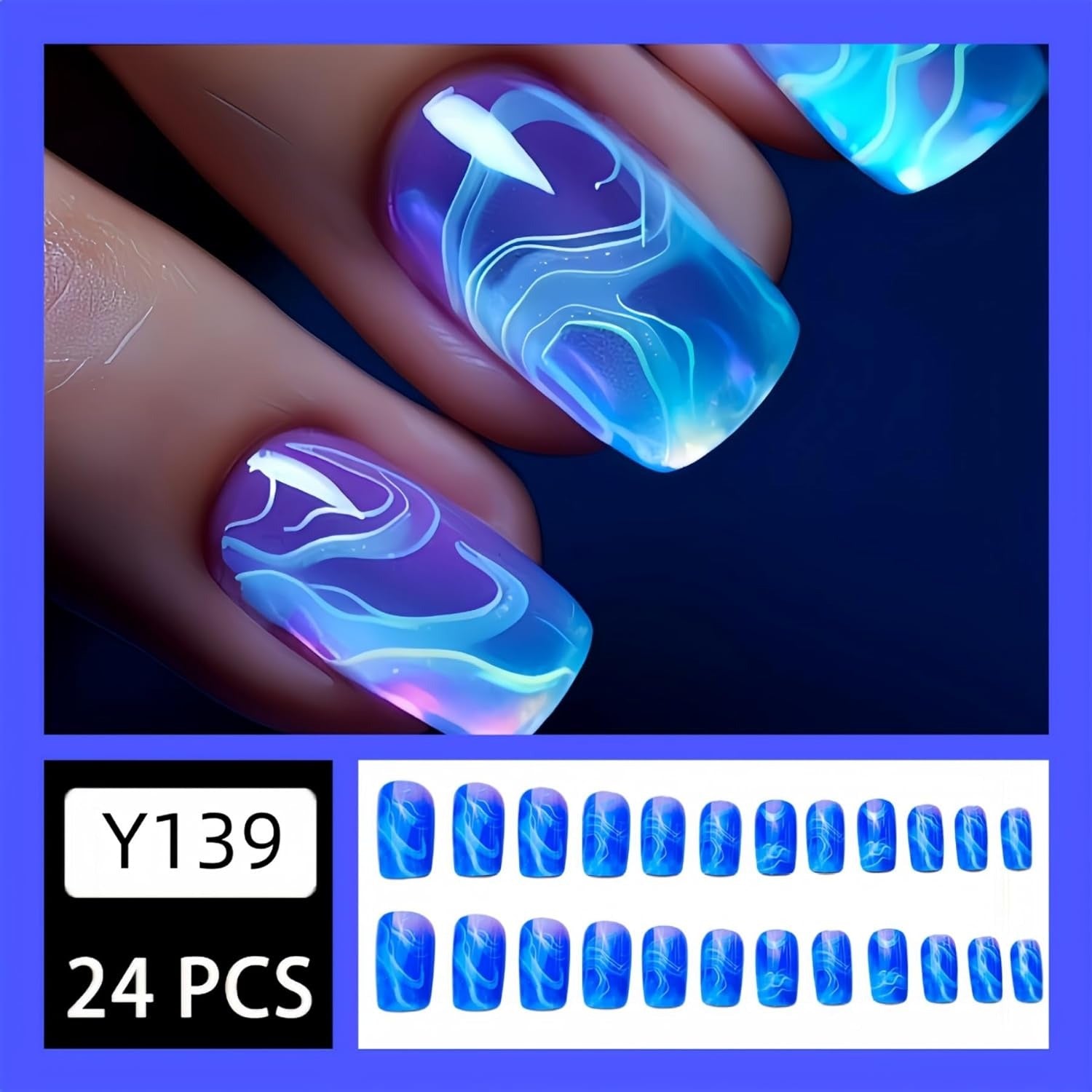 "Ocean Aura – DIY Blue Marble Nail Tips (24 pcs)