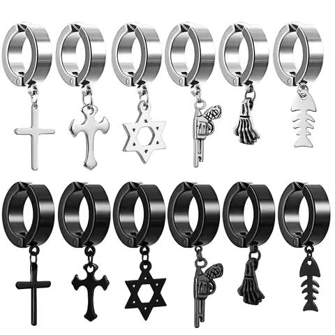 Men's Hip-Hop Clip-On Cross Earrings  Black& Stainless Steel