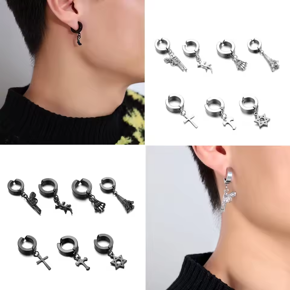 Men's Hip-Hop Clip-On Cross Earrings  Black& Stainless Steel
