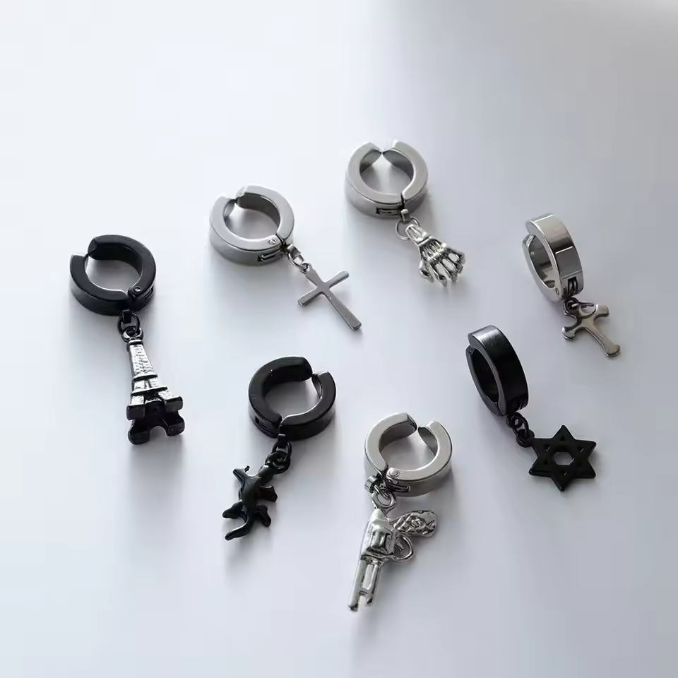 Men's Hip-Hop Clip-On Cross Earrings  Black& Stainless Steel