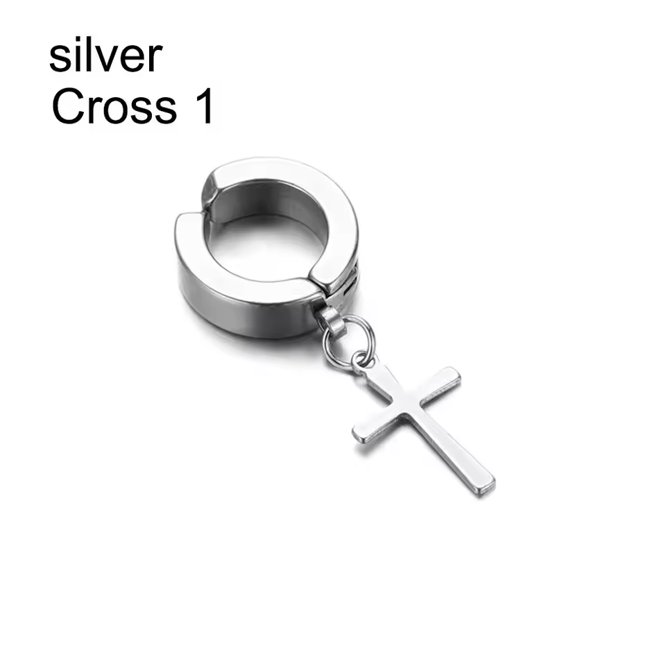 Men's Hip-Hop Clip-On Cross Earrings  Black& Stainless Steel