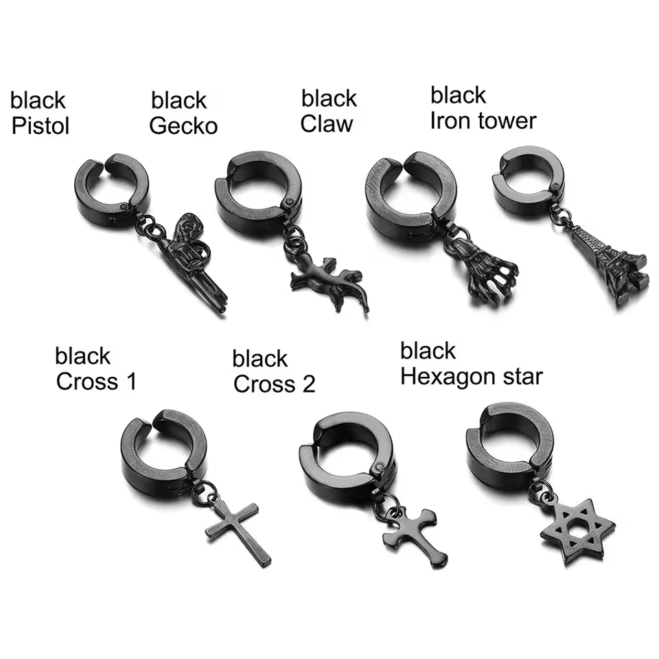 Men's Hip-Hop Clip-On Cross Earrings  Black& Stainless Steel