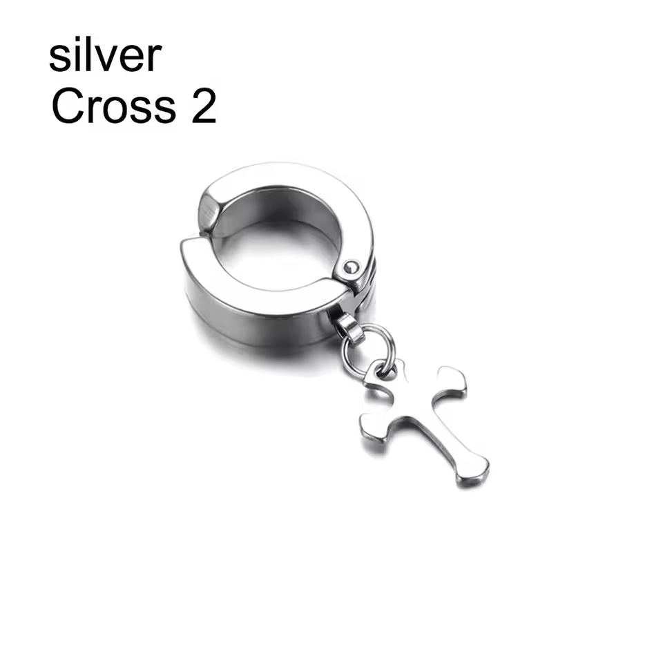 Men's Hip-Hop Clip-On Cross Earrings  Black& Stainless Steel