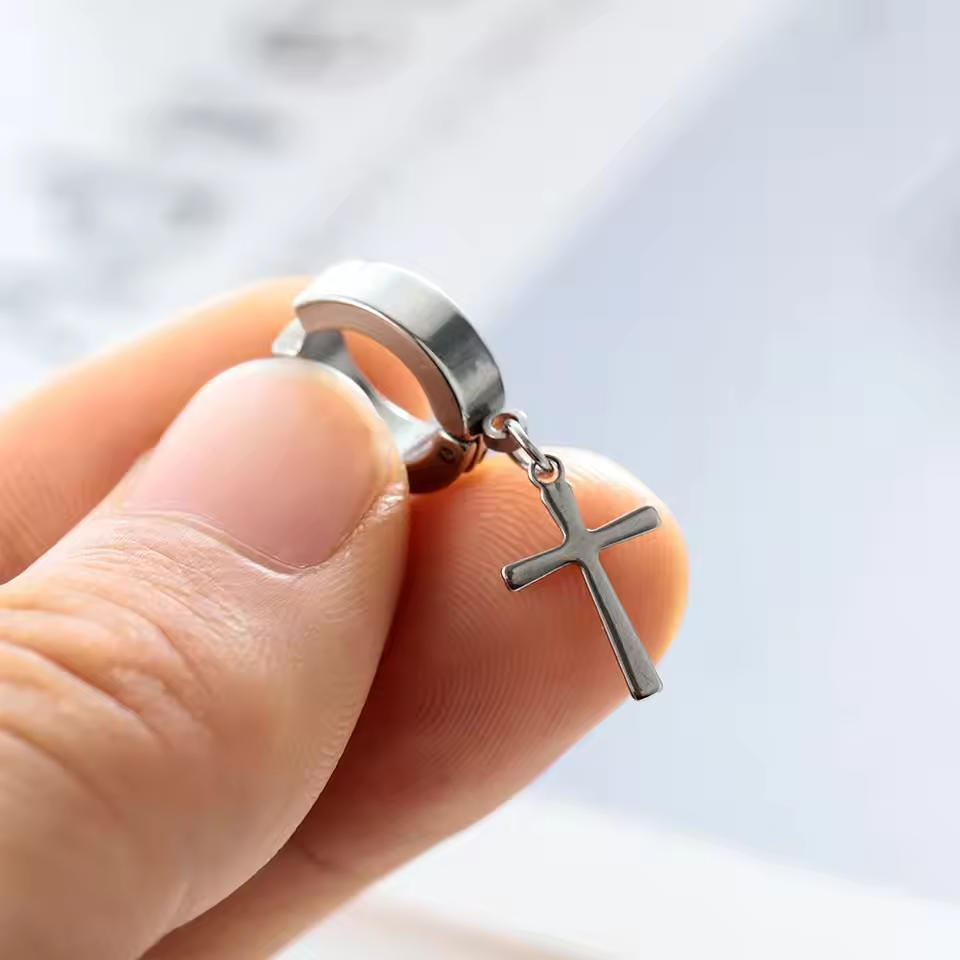 Men's Hip-Hop Clip-On Cross Earrings  Black& Stainless Steel
