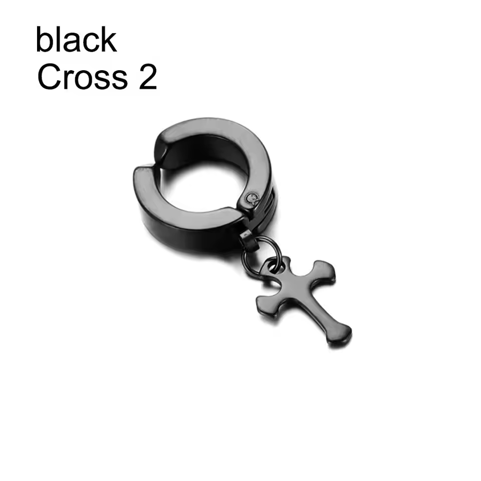 Men's Hip-Hop Clip-On Cross Earrings  Black& Stainless Steel