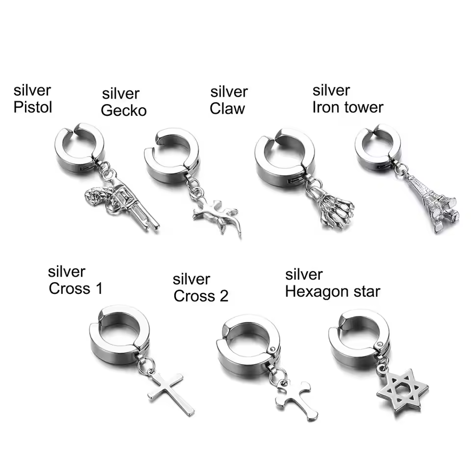 Men's Hip-Hop Clip-On Cross Earrings  Black& Stainless Steel