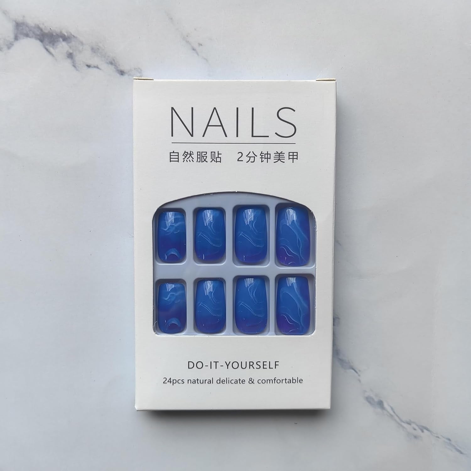 "Ocean Aura – DIY Blue Marble Nail Tips (24 pcs)