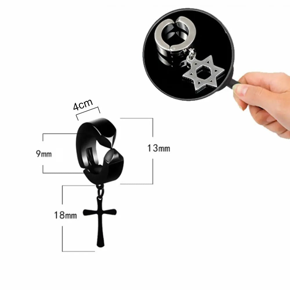 Men's Hip-Hop Clip-On Cross Earrings  Black& Stainless Steel